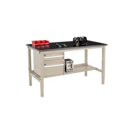 Global Equipment 72 x 36 Production Workbench - Phenolic Safety Edge - Drawers   Shelf - Tan 319264TN